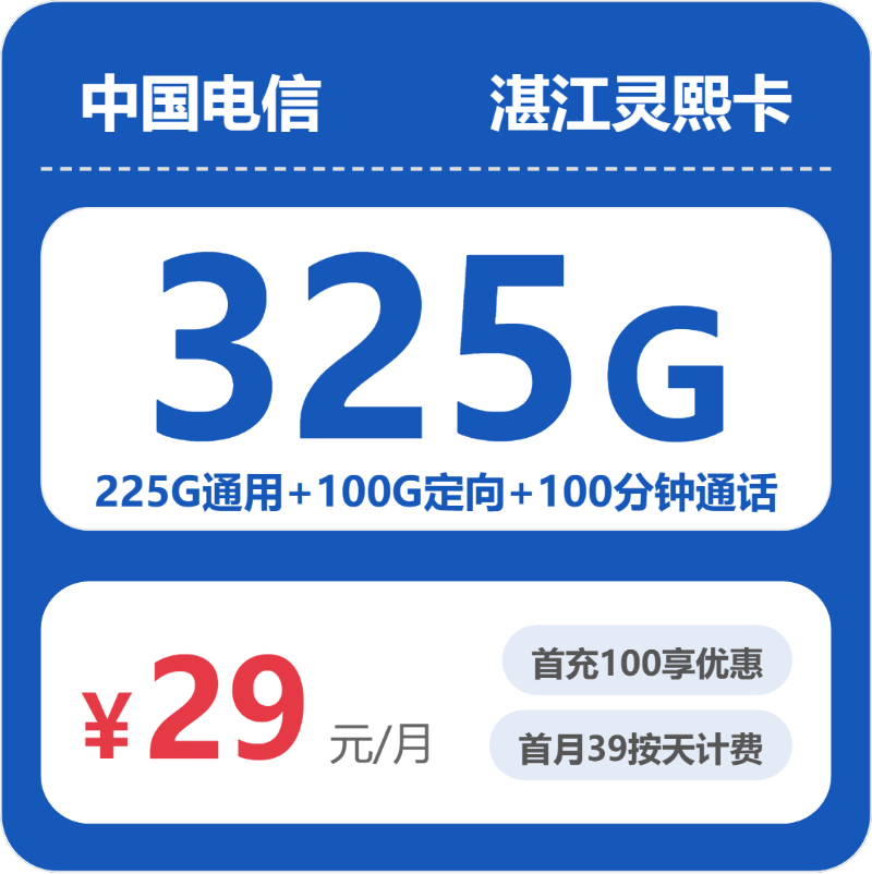 电信湛江灵熙卡29元每月225G通用+100G定向+100分钟通话-套餐明细