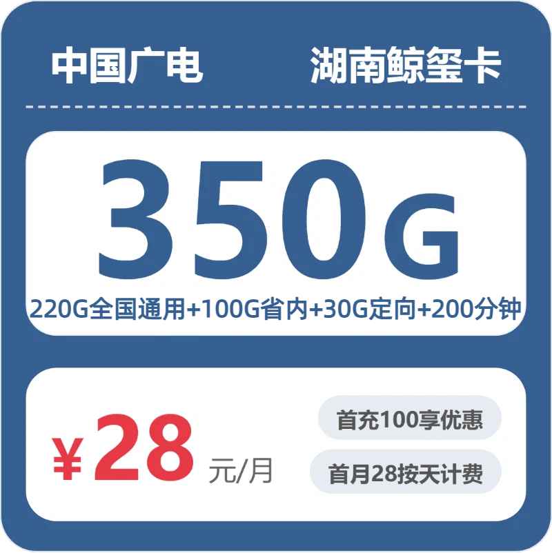 广电湖南鲸玺卡28元每月220G通用+100G湖南通用+30G定向+200分钟通话-套餐详情