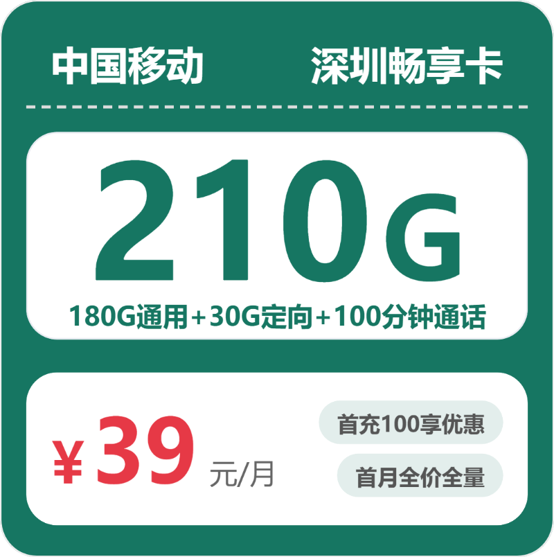 移动深圳畅享卡②39元每月180G通用+30G定向+100分钟通话-套餐一览