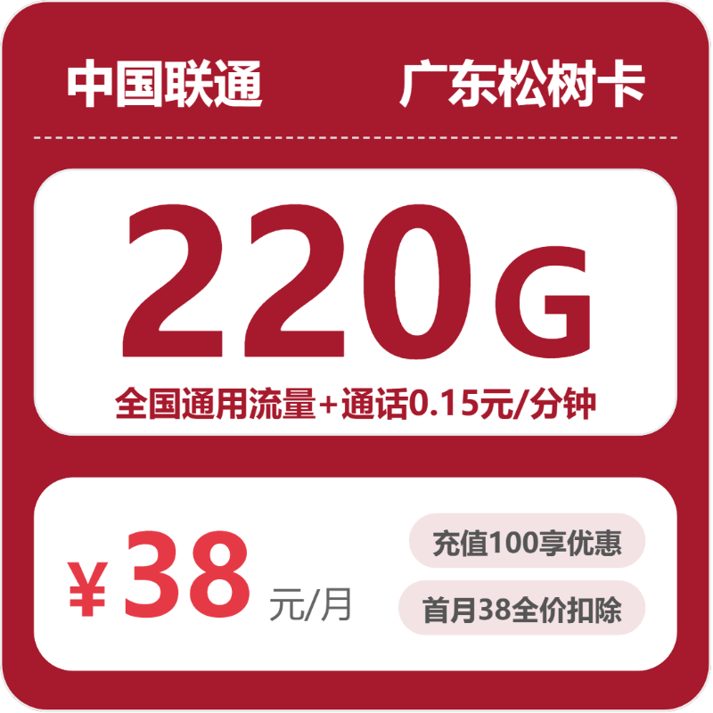 联通广东松树卡38元每月220G通用+通话0.15元/分钟-套餐明细