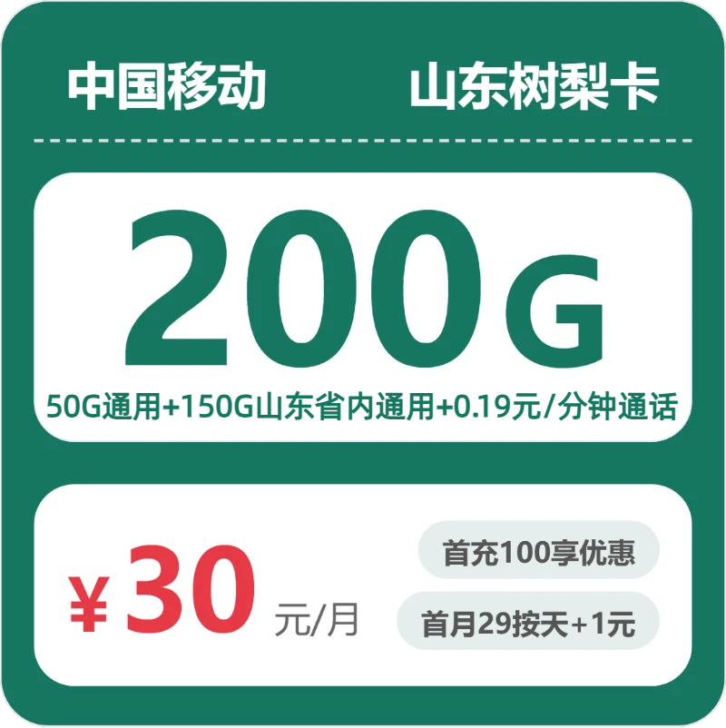移动山东树梨卡③30元每月50G通用+150G山东通用+通话0.19元/分钟-套餐明细