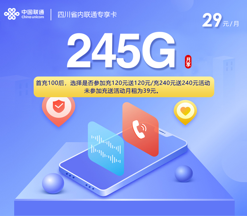 联通四川省内专享卡⑧29元每月245G通用+200分钟通话-套餐说明