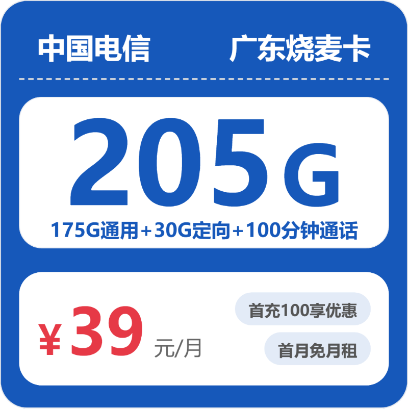 电信广东烧麦卡③39元每月175G通用+30G定向+100分钟通话-套餐详情