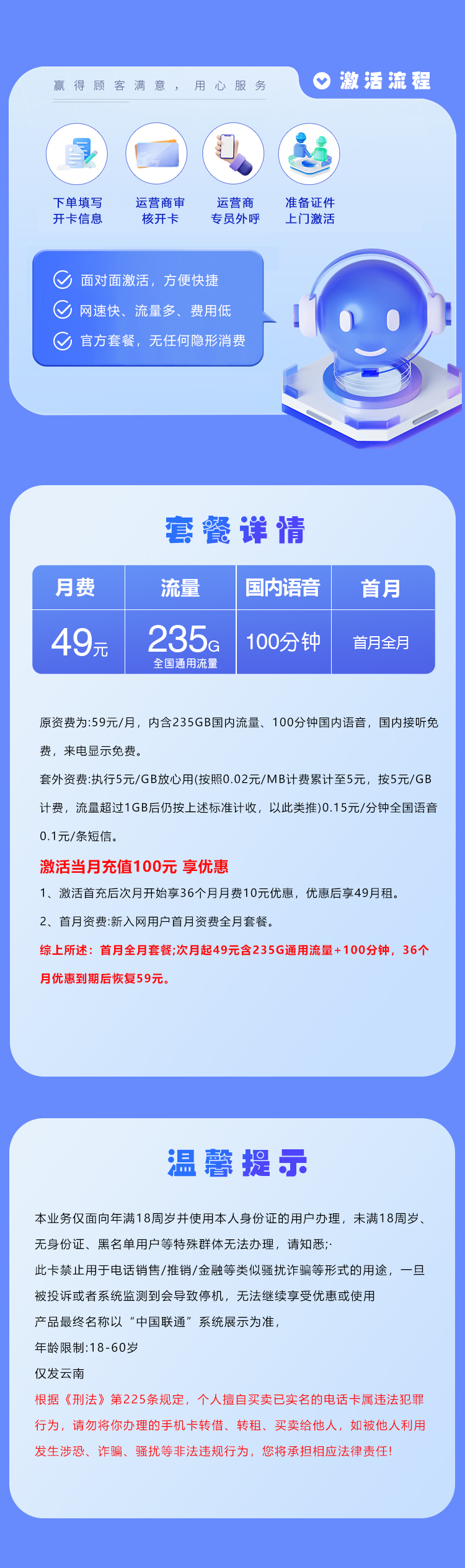 联通云南省内专属卡⑤详情