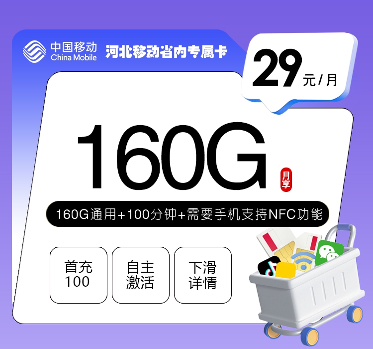 移动河北省内专属卡⑤29元每月160G通用+100分钟通话-套餐一览