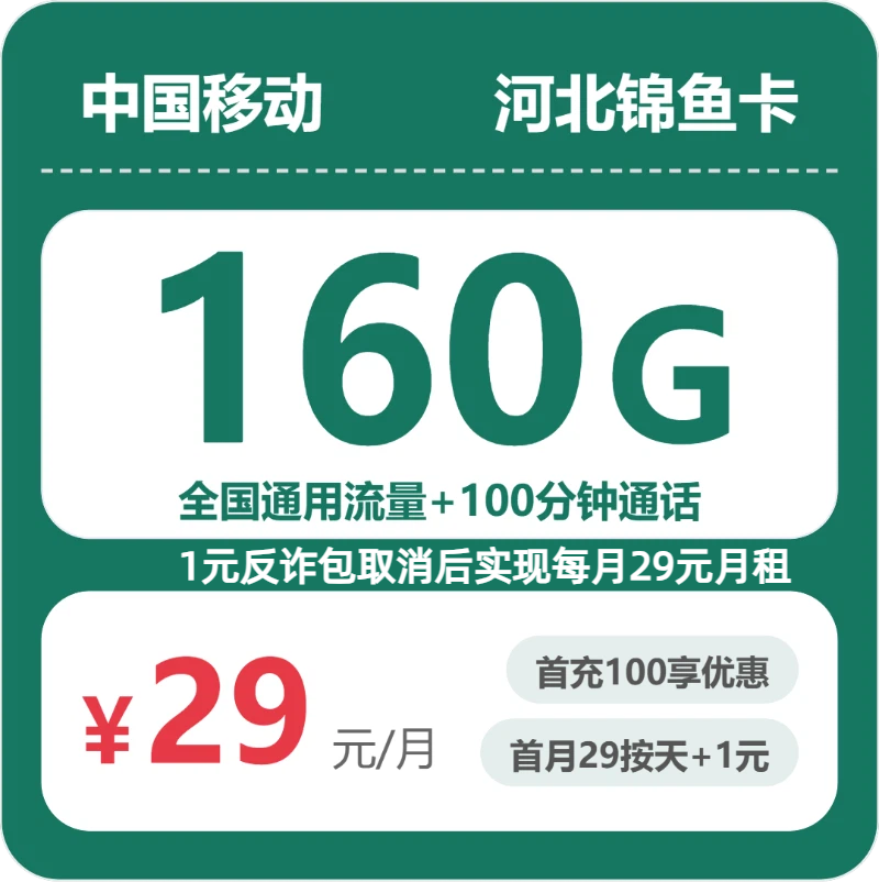 移动河北锦鱼卡29元每月160G通用+100分钟通话-套餐解读