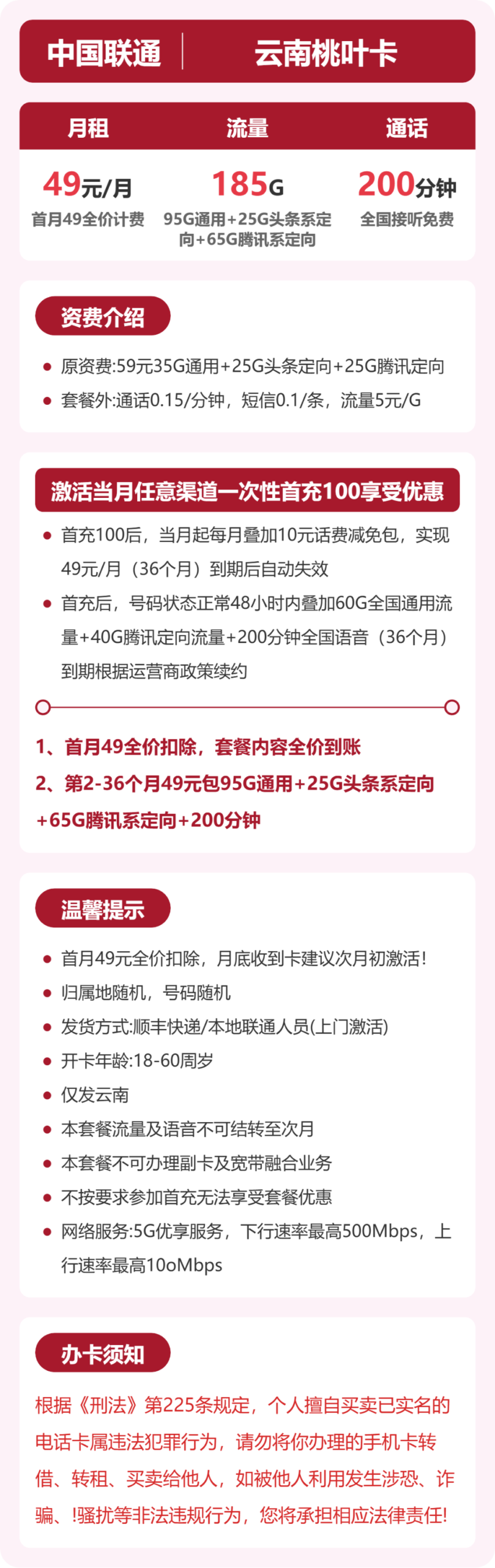 联通云南桃叶卡详情
