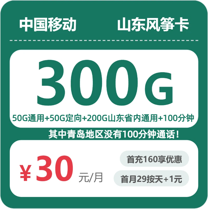 移动山东风筝卡30元每月50G通用+200G山东通用+50G定向+100分钟通话-套餐说明