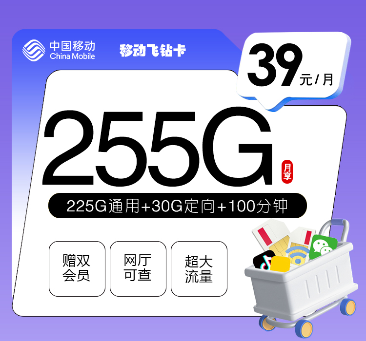 移动飞钻卡39元每月225G通用+30G定向+100分钟通话+会员-套餐说明