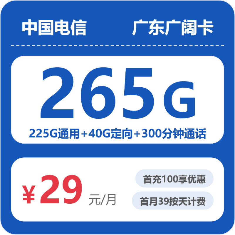 电信广东广阔卡29元每月225G通用+40G定向+300分钟通话-套餐明细