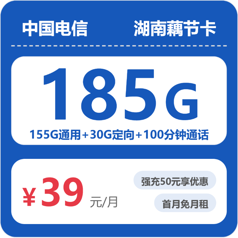 电信湖南藕节卡39元每月155G通用+30G定向+100分钟通话-套餐说明