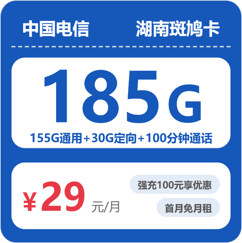 电信湖南斑鸠卡⑤29元每月155G通用+30G定向+100分钟通话-套餐说明