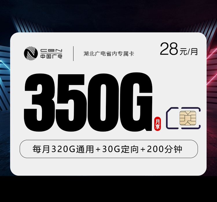 广电湖北省内专属卡28元每月320G通用+30G定向+200分钟通话-套餐说明