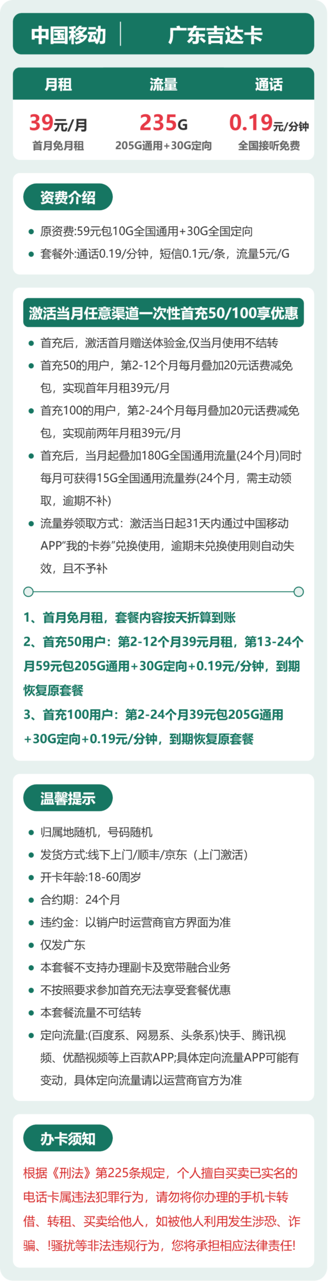 移动广东吉达卡详情