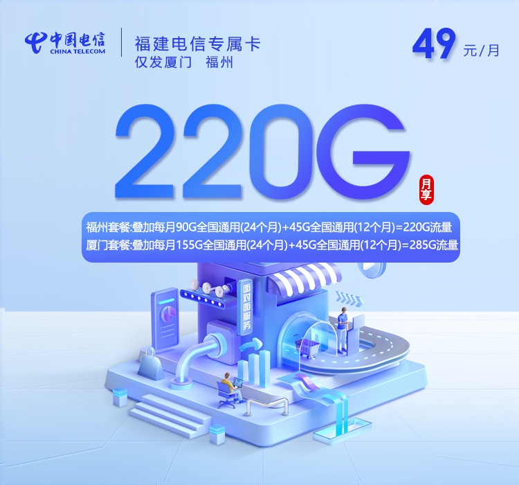 电信福建专属卡49元每月190G通用+30G定向+480分钟通话-套餐说明