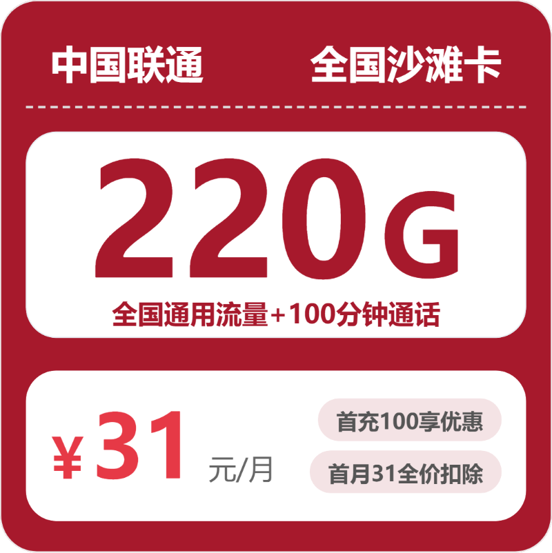 联通全国沙滩卡⑤31元每月220G通用+100分钟通话-套餐明细